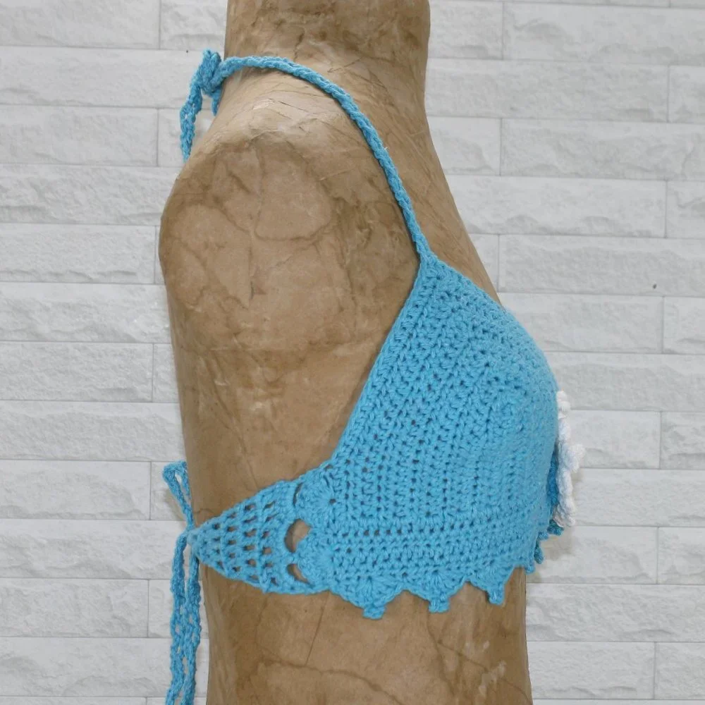 HAND CRAFTED Crop Top Halter Bikini Crochet Flower Power Spring Daisy Turquoise - Picture 3 of 13